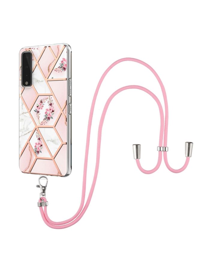 BGM Case Cover For LG Stylo 7 5G Electroplating Splicing Marble Flower Pattern TPU Shockproof Case with Lanyard Pink Flower