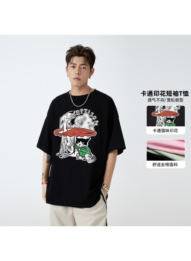 EPTISON funny Hand-painted Cat With Umbrella Print Short-sleeve T-shirt For Women & Men - Summer Casual Tee - Image 2