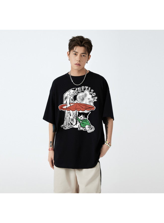 EPTISON funny Hand-painted Cat With Umbrella Print Short-sleeve T-shirt For Women & Men - Summer Casual Tee - Image 4