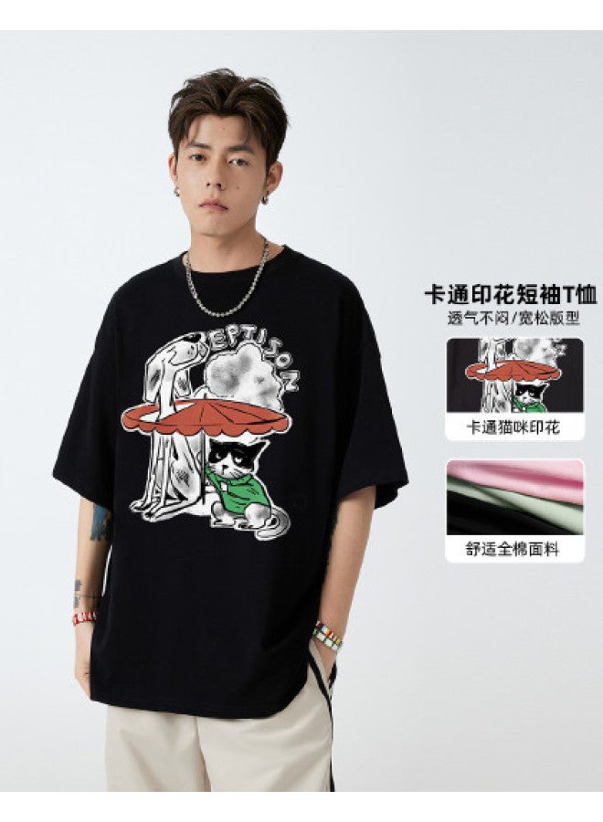 EPTISON funny Hand-painted Cat With Umbrella Print Short-sleeve T-shirt For Women & Men - Summer Casual Tee - Image 1