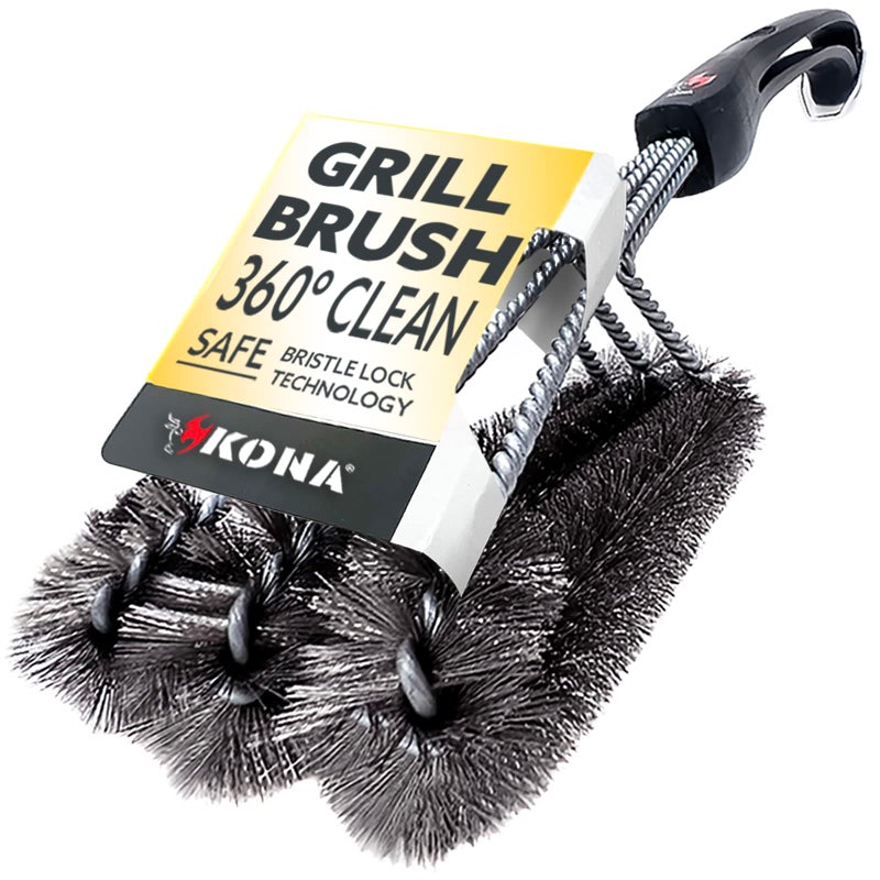 Kona 360 Clean Grill Brush  Powerful Grill Cleaner  BBQ Grill Brush for Outdoor Grill  Safe Bristle BBQ Brush Grill Scraper Accessory for Easy 30 Second Grill Cleaning  18 Inch Long Handle