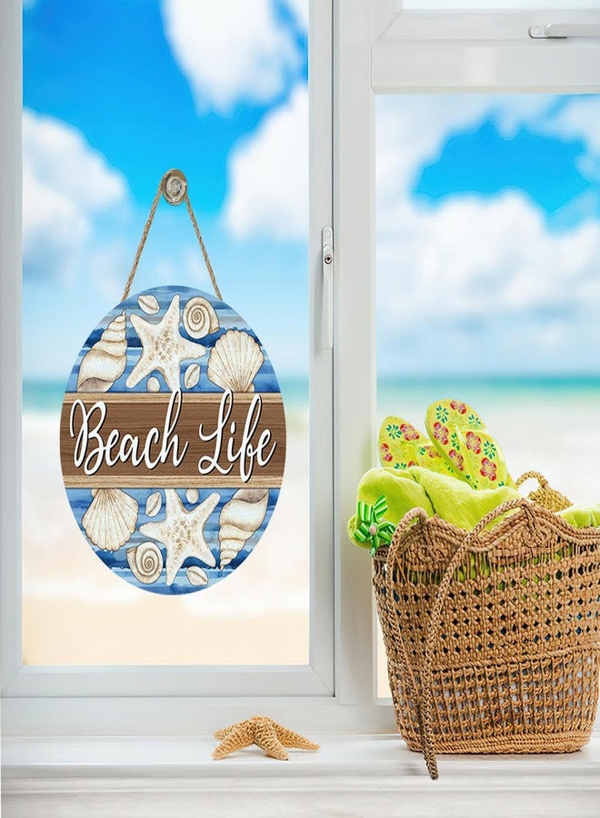 Bolisom Summer Beach Life Front Door Sign, Coastal Starfish Shell Conch Wood Plaque Hanger Outdoor Porch Home Decor, Nautical Farmhouse Wooden Wreath Indoor Wall Hanging Decoration - Image 5