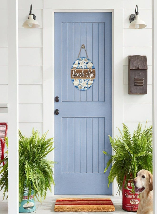 Bolisom Summer Beach Life Front Door Sign, Coastal Starfish Shell Conch Wood Plaque Hanger Outdoor Porch Home Decor, Nautical Farmhouse Wooden Wreath Indoor Wall Hanging Decoration - Image 4