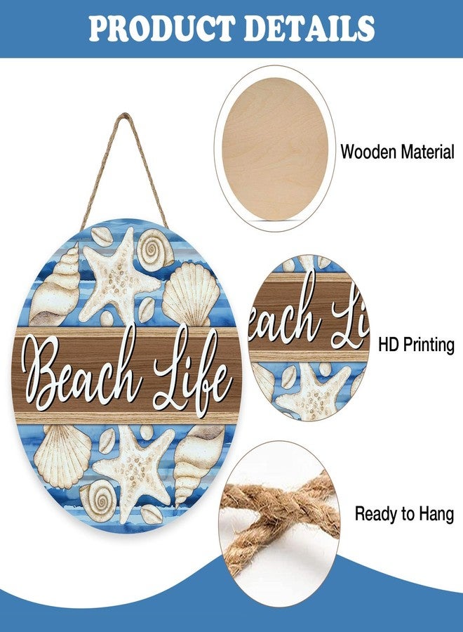 Bolisom Summer Beach Life Front Door Sign, Coastal Starfish Shell Conch Wood Plaque Hanger Outdoor Porch Home Decor, Nautical Farmhouse Wooden Wreath Indoor Wall Hanging Decoration - Image 3