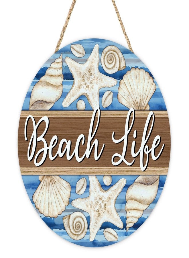 Bolisom Summer Beach Life Front Door Sign, Coastal Starfish Shell Conch Wood Plaque Hanger Outdoor Porch Home Decor, Nautical Farmhouse Wooden Wreath Indoor Wall Hanging Decoration - Image 1