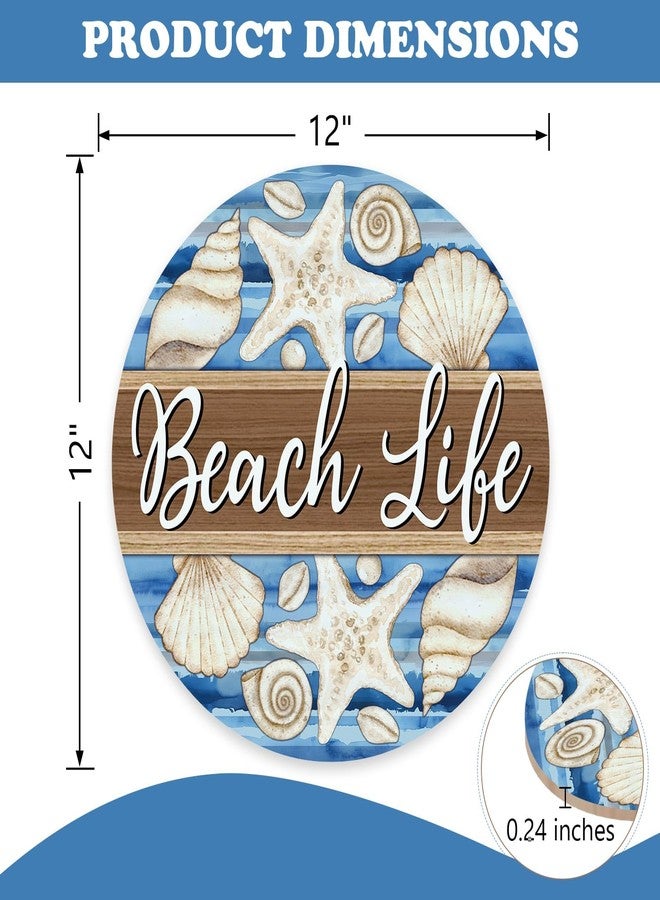 Bolisom Summer Beach Life Front Door Sign, Coastal Starfish Shell Conch Wood Plaque Hanger Outdoor Porch Home Decor, Nautical Farmhouse Wooden Wreath Indoor Wall Hanging Decoration - Image 2