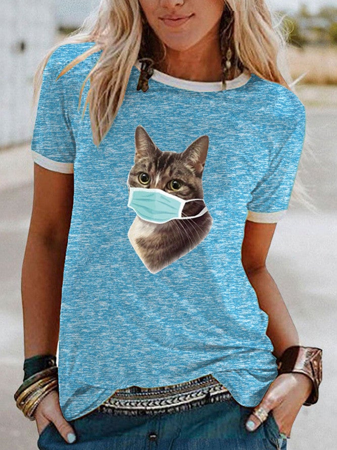 Wish Mask Cat Pattern Printed Short-Sleeved T-Shirt For Women - Image 4