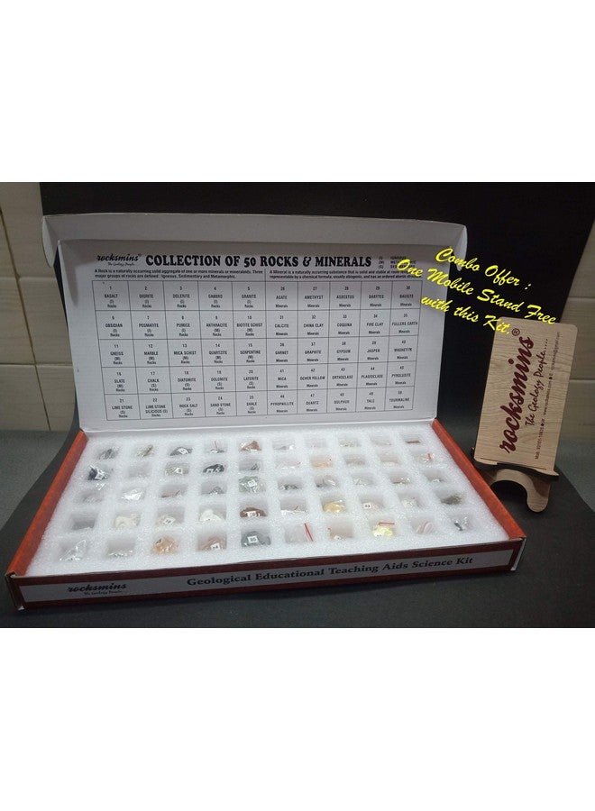 Rocksmins RM50PTTMS Set of 50 Rocks and Minerals (25 Rocks+25 Minerals) Combined Kits Sets Collections with Free Mobile Stand Rock Mineral Collection (RM50PTTMS) - Image 1