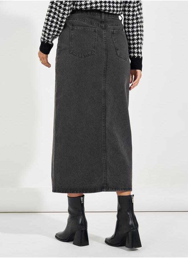 Styli - High Rise Straight Hem Midi Skirt with Front Slit - Image 1