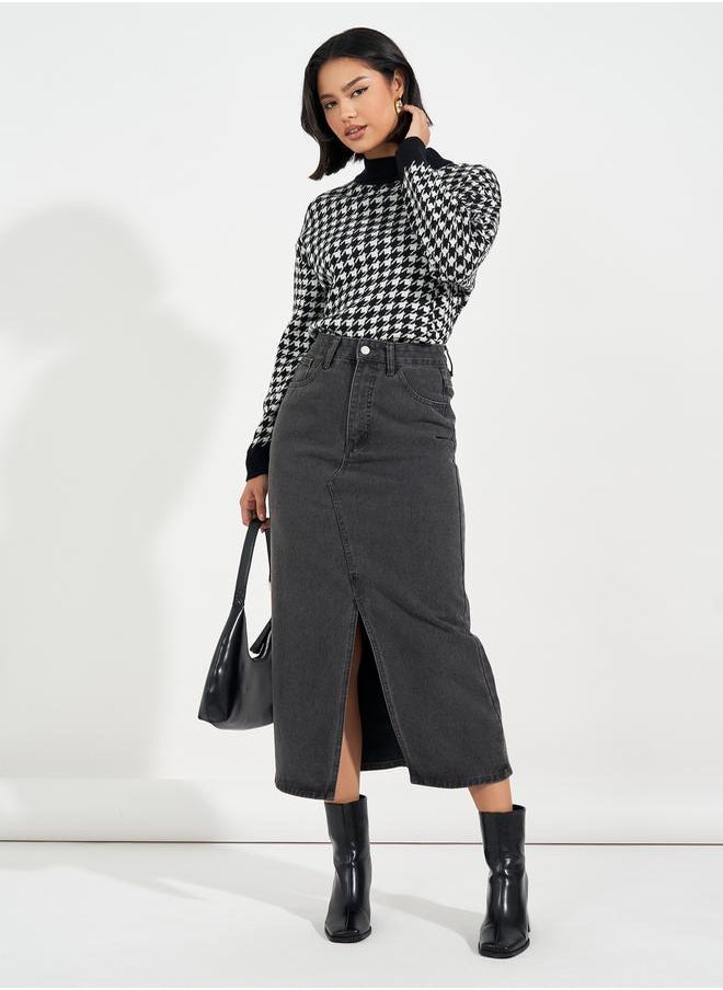 Styli - High Rise Straight Hem Midi Skirt with Front Slit - Image 1