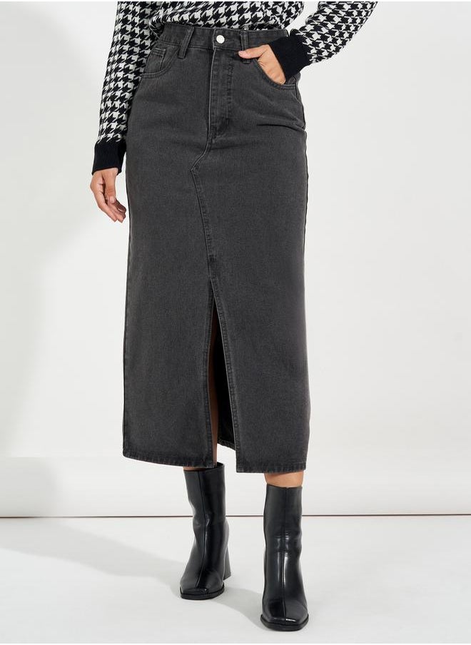 Styli - High Rise Straight Hem Midi Skirt with Front Slit - Image 1