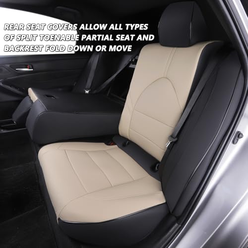 HKZ أغطية مقاعد مخصصة لسيارة كامري من HKZ لتويوتا كامري 2018 2019 2020 2021 2022 2024 هايبرد LE، هايبرد SE - مجموعة كاملة لـ 5 مقاعد، جلد - أسود + بيج - Image 4