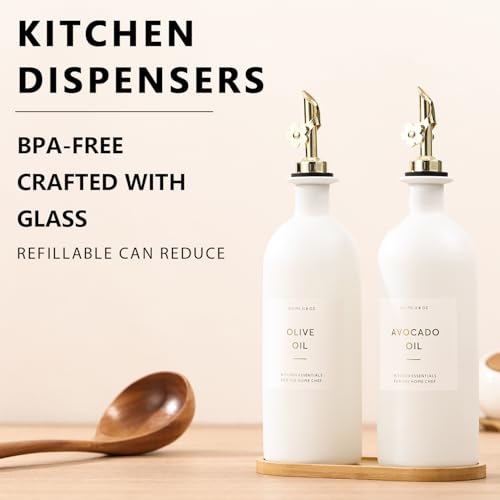 HOMCDALY Olive Oil Dispenser for Kitchen, 16oz Glass Oil Bottles with Bamboo Tray, Gold Oil&Vinegar Cruet Set, Kitchen Dispenser Bottles with Pourer | Set of 2 (16oz – Gold) - Image 2