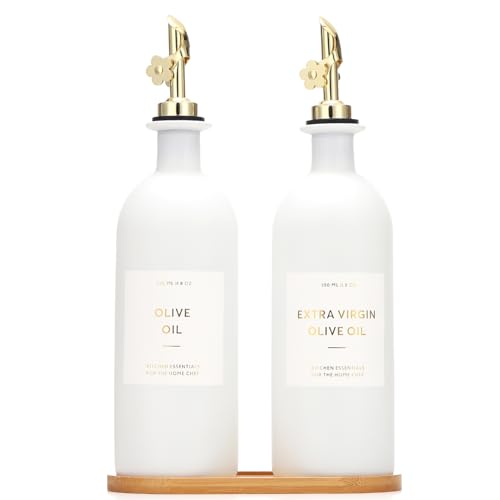 HOMCDALY Olive Oil Dispenser for Kitchen, 16oz Glass Oil Bottles with Bamboo Tray, Gold Oil&Vinegar Cruet Set, Kitchen Dispenser Bottles with Pourer | Set of 2 (16oz – Gold) - Image 1