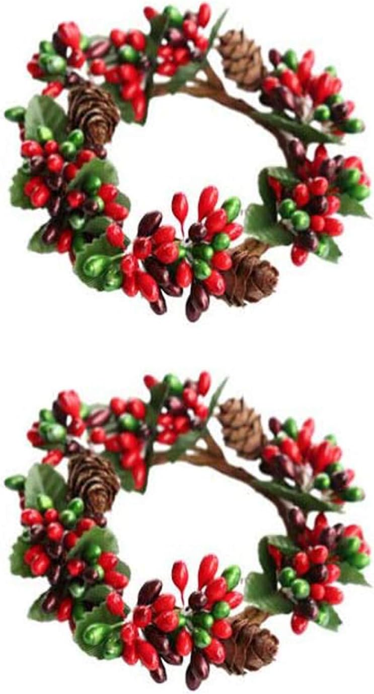 BinaryABC Christmas Candle Rings Wreaths,Red Berry Candle Rings,Christmas Candle Holder Rings,Christams Decorations,2Pcs(Internal Diameter About 2.36in) - Image 1