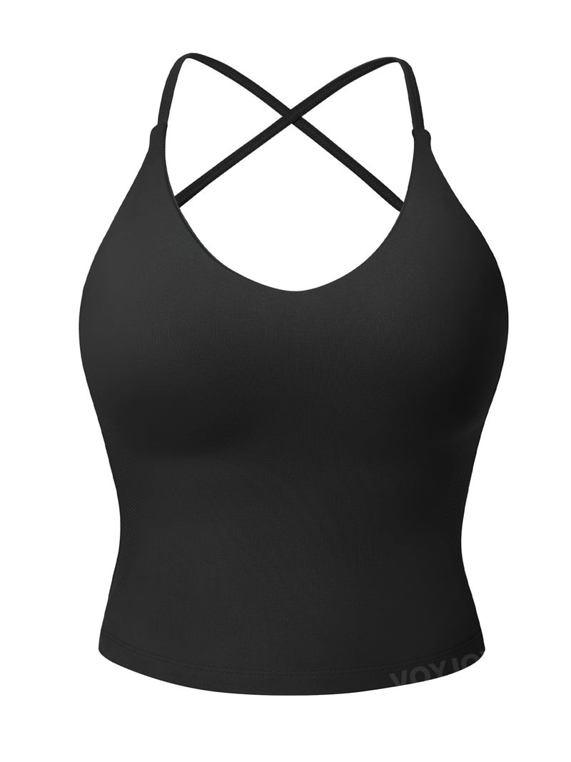 VOYJOY Women's Workout Tank Top V Neck Padded Sleeveless Backless Crop Tops with Adjustable Spaghetti Strap Black S - Image 1