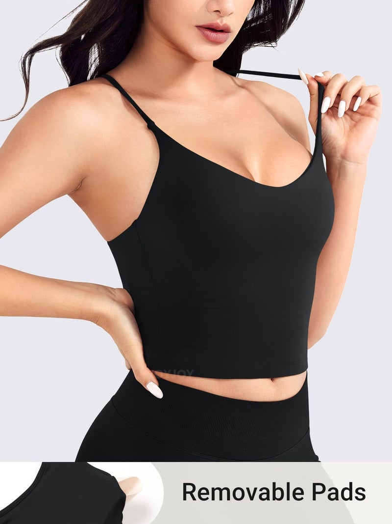 VOYJOY Women's Workout Tank Top V Neck Padded Sleeveless Backless Crop Tops with Adjustable Spaghetti Strap Black S - Image 3