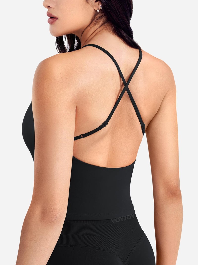 VOYJOY Women's Workout Tank Top V Neck Padded Sleeveless Backless Crop Tops with Adjustable Spaghetti Strap Black S - Image 4