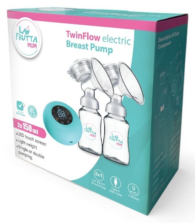 La Frutta Mum TwinFlow Electric Breast Pump – Single or Double Use, 2×150ml Capacity, 9 Levels & 3 Modes, Smart LED Screen.