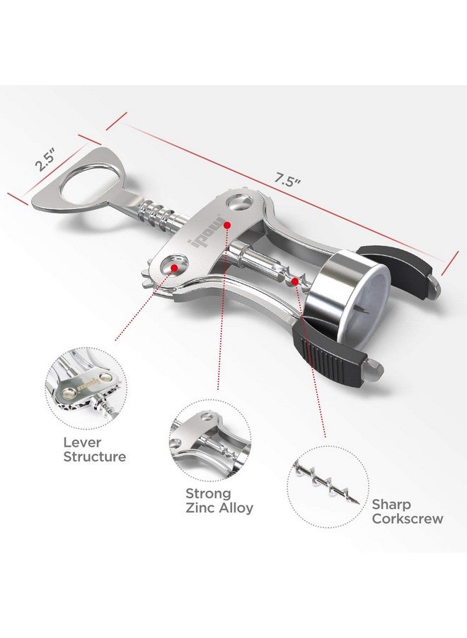 IPOW Wine Opener, Zinc Alloy Wine Bottle Opener, Wing Corkscrew Heavy Duty, Manual Multifunctional Cork Screw for Waiter, Silver - Image 3