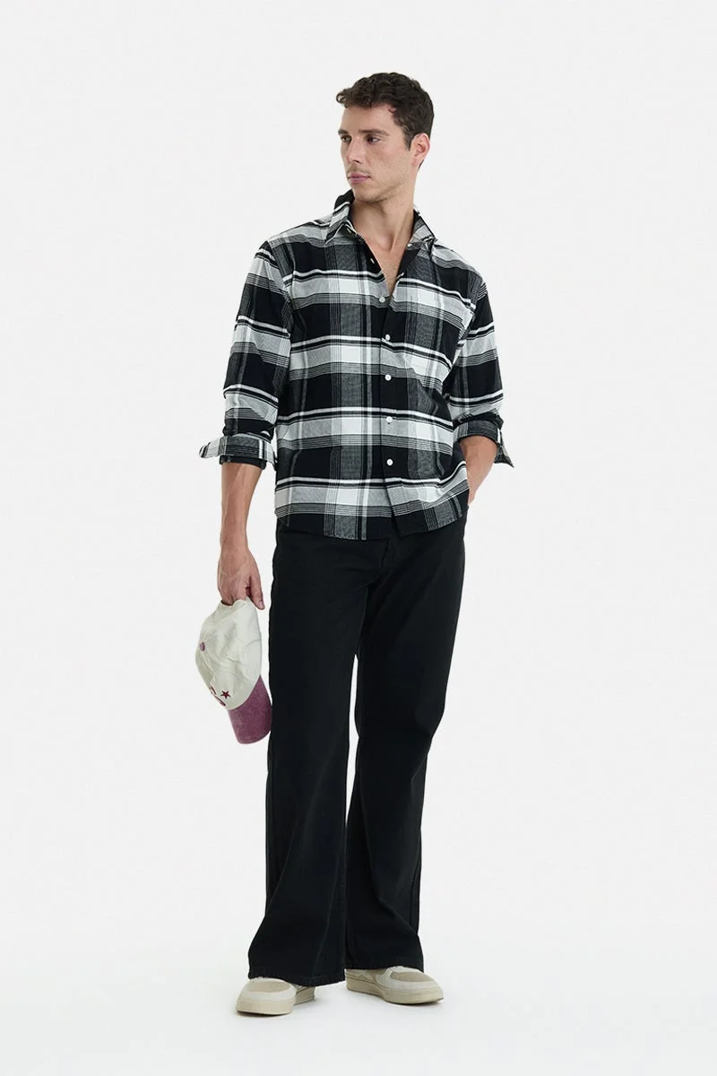 سنيتش Black Checkered Long Sleeve Regular Fit Casual Shirt