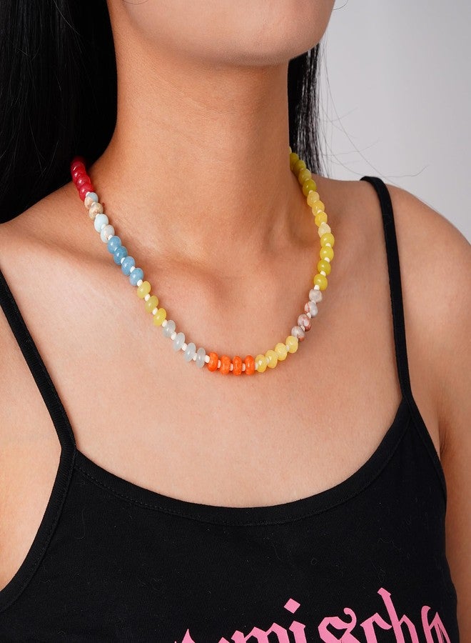 LALAPPLE Colorful Beaded Gemstone Necklace, Women's Boho Rainbow Bead Choker, 17.5 inches, Multicolor Natural Stone Crystal Beads, Stainless Steel Clasp - Image 2
