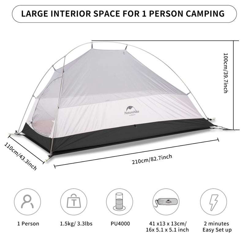 Naturehike Cloud-Up 1 Person Lightweight Backpacking Tent with Footprint - Dome Camping Hiking Waterproof Backpack Tents (20D Navy Blue) - Image 2