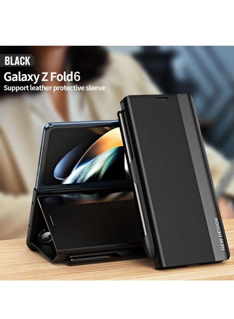 Case for Samsung Galaxy Z Fold 6 with Stand Design and Pen Holder and Pen (Not Original Pen), Full Body Protection Flip Cover PU Leather, Genuine Leather Magnetic Anti-drop Protective Case (Black) - Image 2