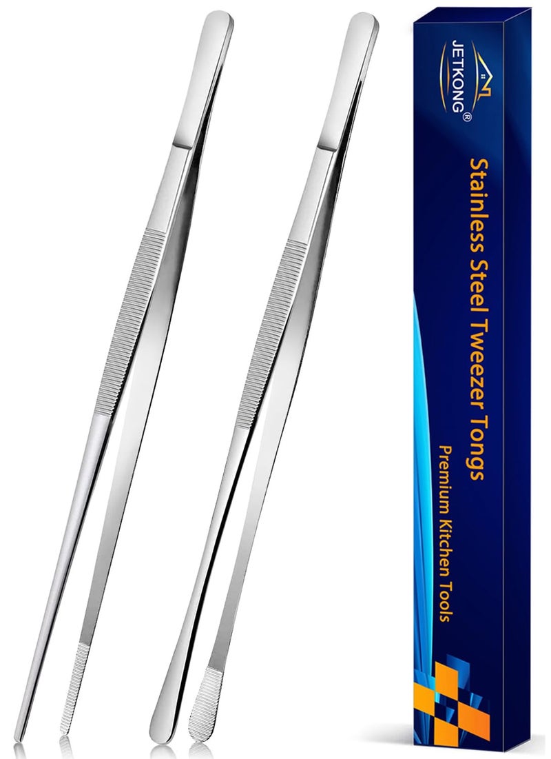 JETKONG 2 Pcs 12-Inch Cooking Tweezers Stainless Steel, Straight Food Tweezers, Professional Kitchen Tweezer/Forceps for Cooking Repairing and BBQ (12-Inch, Silver) - Image 1
