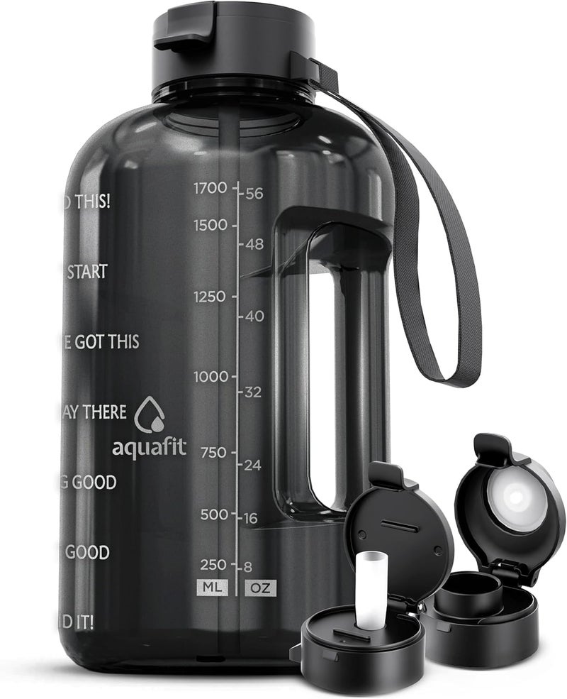 AQUAFIT Half Gallon Water Bottle with Time Marker Straw Chug Lid BPA Free Gym Water Bottle with Straw Big Gallon Jug Gray 64 oz 2 Lids