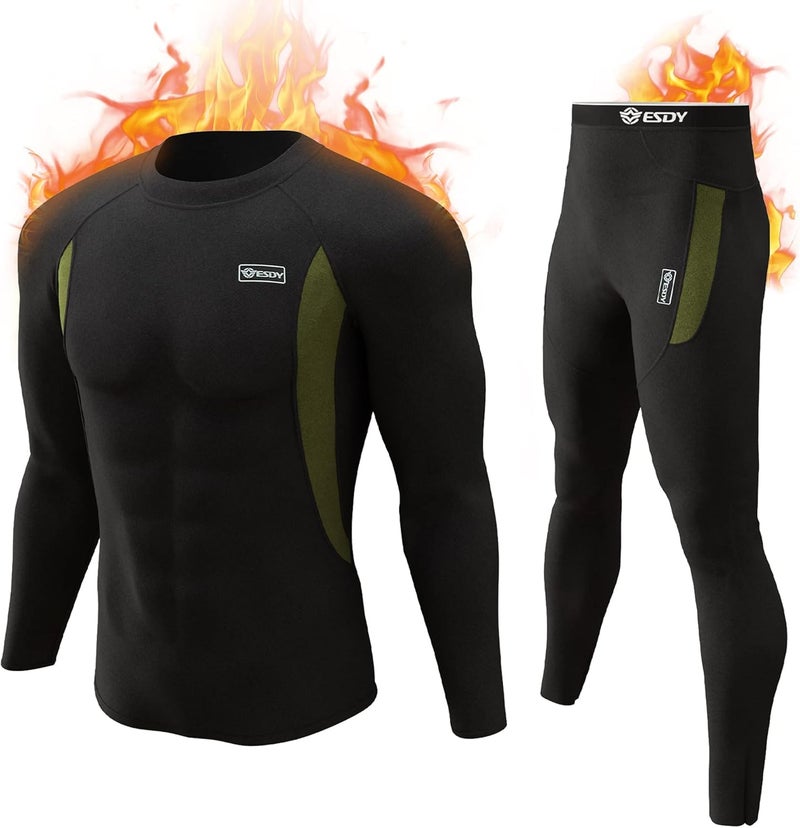 romision Mens Thermal Underwear Set Ultra Soft Long Johns with Fleece Lined Winter Hunting Gear Base Layer for Sport Running A-Black  - Image 1