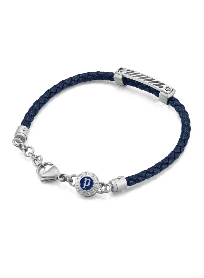 بوليس Plaquetes Silver with Navy Enamel Leather Bracelet Large Men