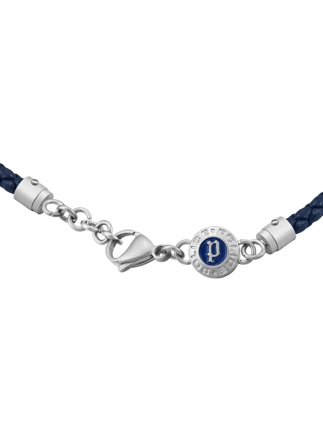 POLICE Plaquetes Silver with Navy Enamel Leather Bracelet Large Men