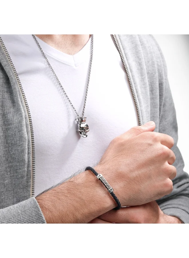 POLICE Plaquetes Silver with Navy Enamel Leather Bracelet Large Men