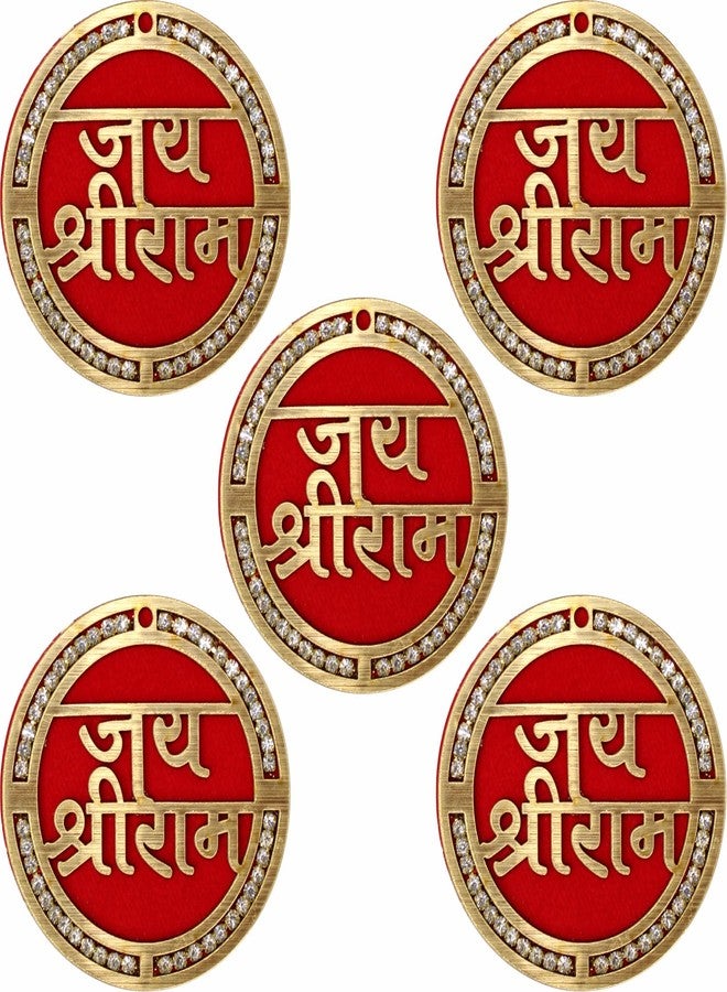 SRC CREATIONS Jai Shri Ram Wooden Brooch for men and women with Crystal Stones, Red Velvet Base, 63 mm, Pack of 5 with Velvet Box - Image 1