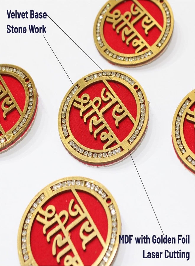 SRC CREATIONS Jai Shri Ram Wooden Brooch for men and women with Crystal Stones, Red Velvet Base, 63 mm, Pack of 5 with Velvet Box - Image 5