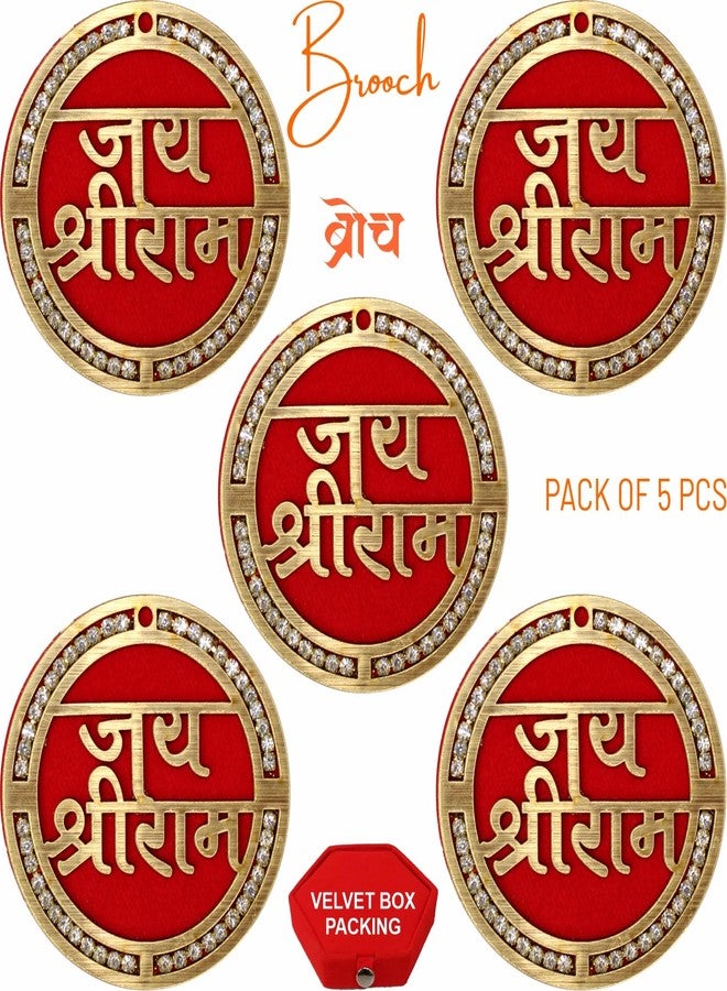 SRC CREATIONS Jai Shri Ram Wooden Brooch for men and women with Crystal Stones, Red Velvet Base, 63 mm, Pack of 5 with Velvet Box - Image 2