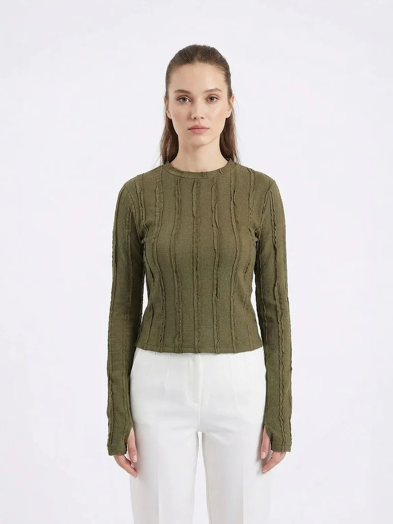 BIG DART BDART Ribbed Crew Neck Long Sleeve Blouse