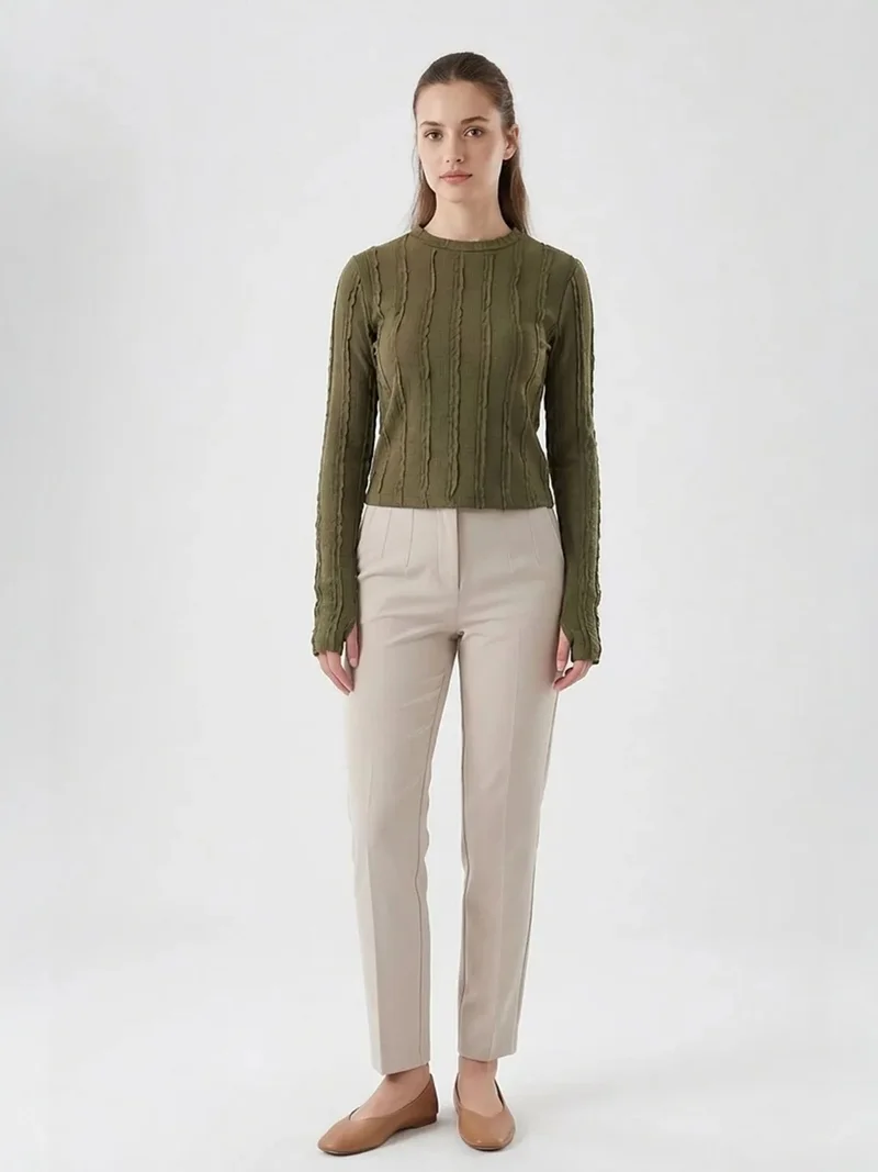 BIG DART BDART Ribbed Crew Neck Long Sleeve Blouse