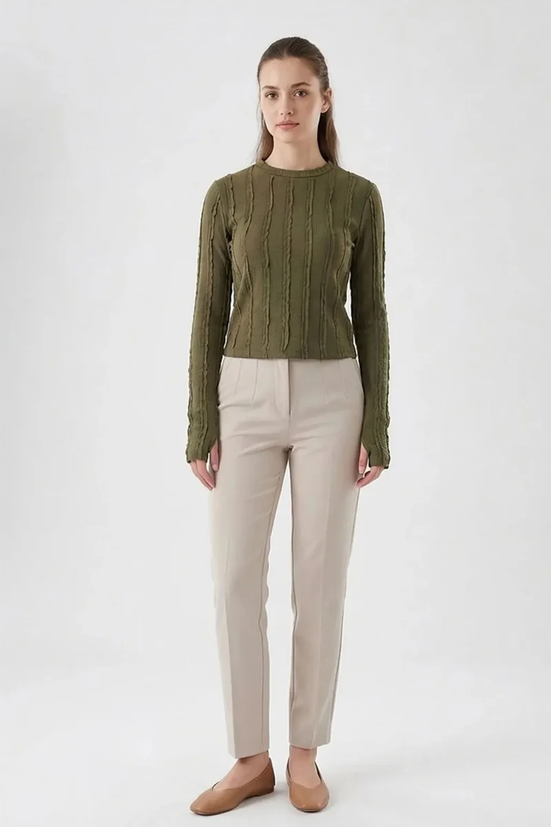 Big Dart Khaki Green BDART Ribbed Crew Neck Long Sleeve Blouse for Women | Best Price UAE