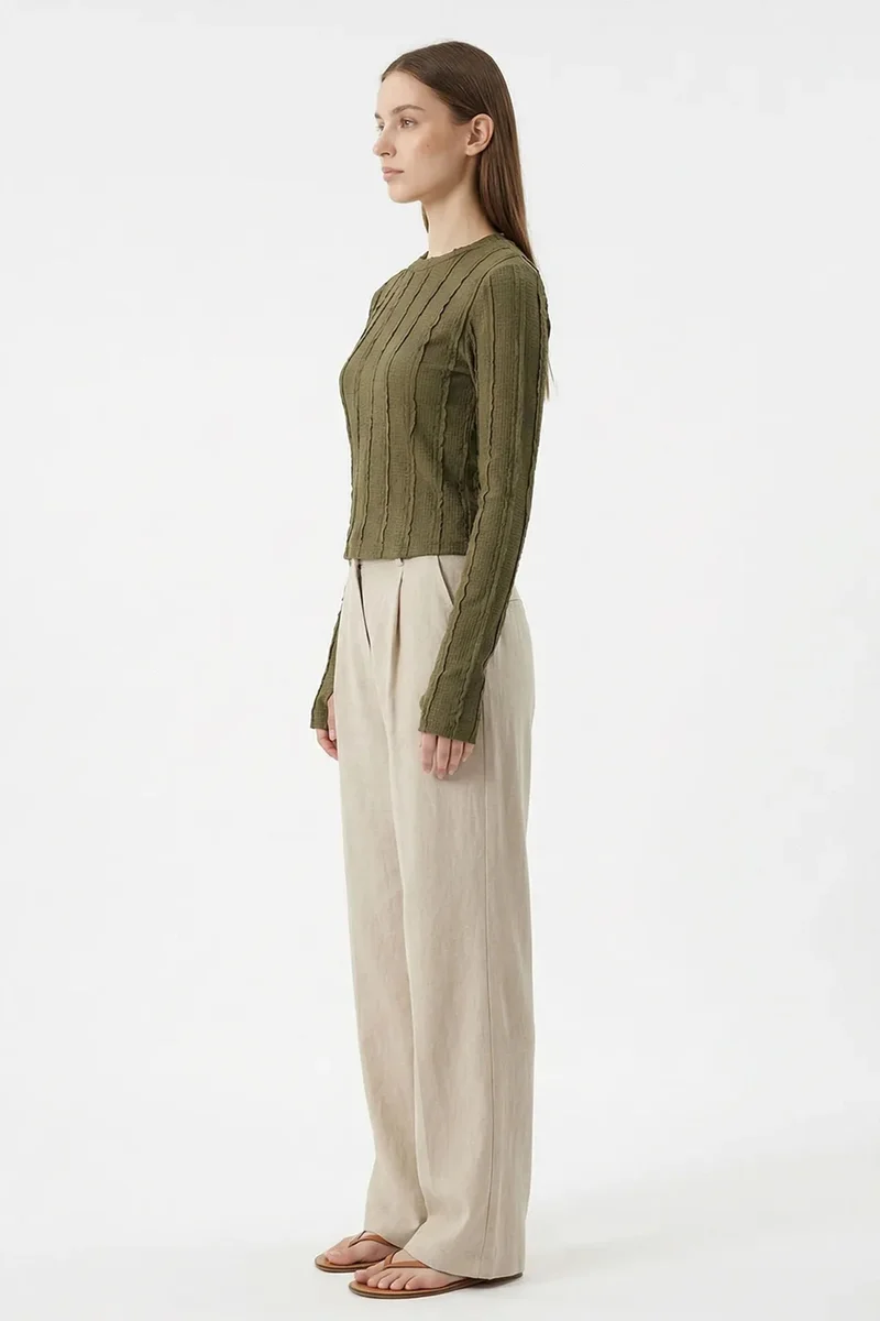 Big Dart Khaki Green BDART Ribbed Crew Neck Long Sleeve Blouse for Women | Best Price UAE