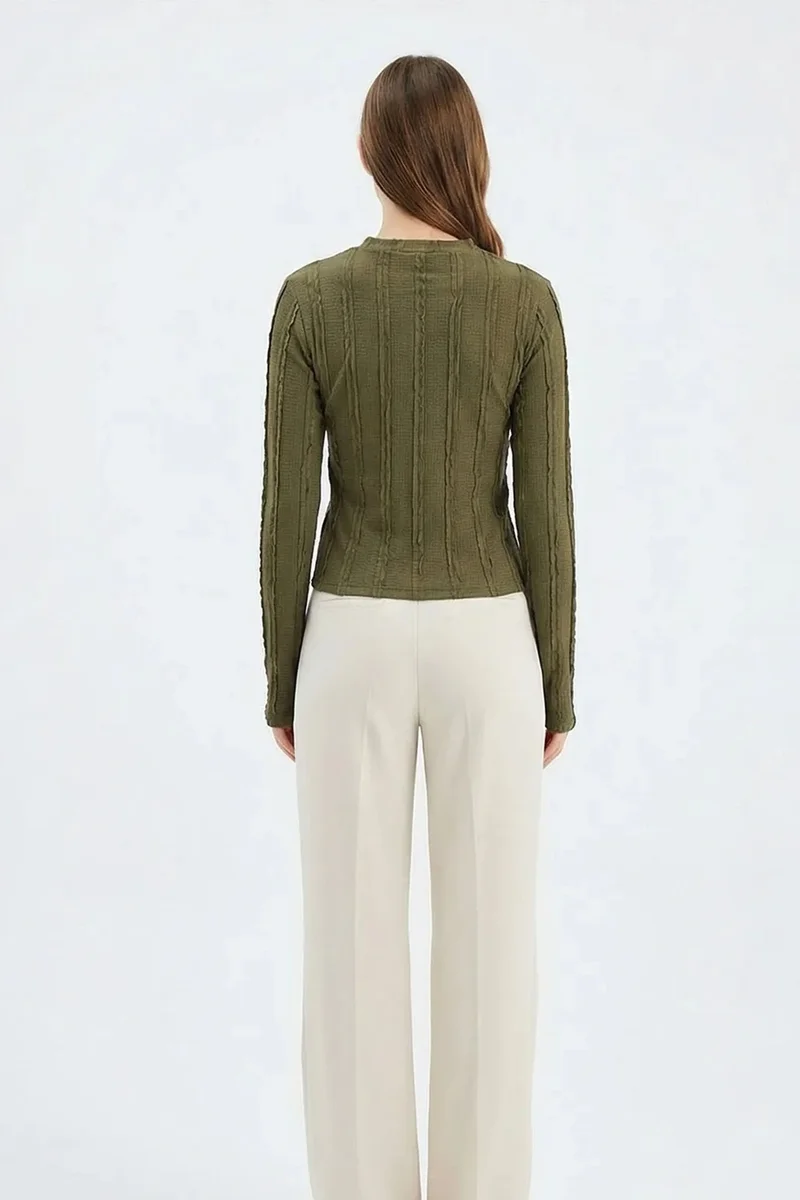 Big Dart Khaki Green BDART Ribbed Crew Neck Long Sleeve Blouse for Women | Best Price UAE