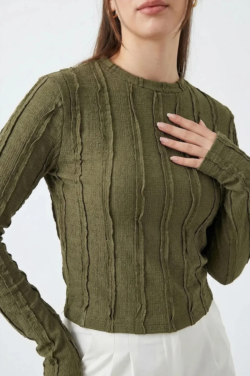 Big Dart Khaki Green BDART Ribbed Crew Neck Long Sleeve Blouse for Women | Best Price UAE