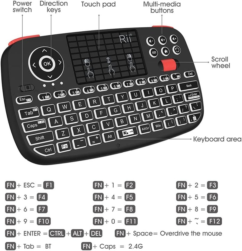 RII (Upgrade) i4 Mini Bluetooth Keyboard with Touchpad, Blacklit Portable Wireless Keyboard with 2.4G USB Dongle for Smartphones, PC, Tablet, Laptop TV Box iOS Android Windows Mac.Black - Image 4