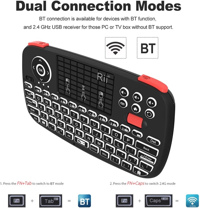 RII (Upgrade) i4 Mini Bluetooth Keyboard with Touchpad, Blacklit Portable Wireless Keyboard with 2.4G USB Dongle for Smartphones, PC, Tablet, Laptop TV Box iOS Android Windows Mac.Black - Image 3