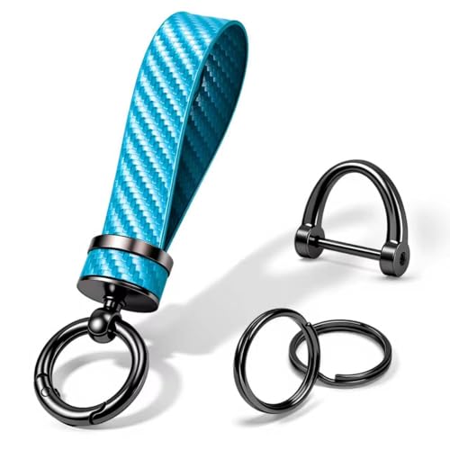 Turcee Carbon Fiber Car Keychain Leather Car Key Fob AntiLost DRing Blue - Image 1