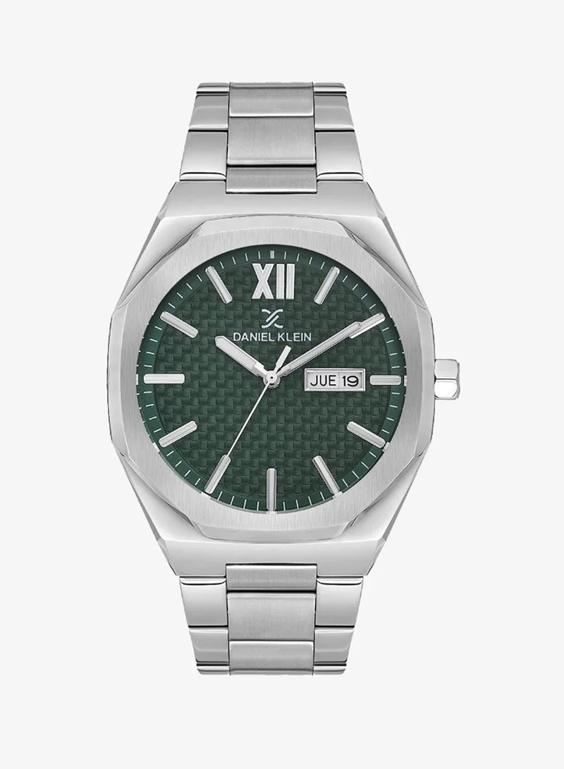 DANIEL KLEIN Men's Stainless Steel Silver Alloy Case Analog Dark Green Round Emboss Dial Japanese Quartz Premium 50 Meters Water Resistant