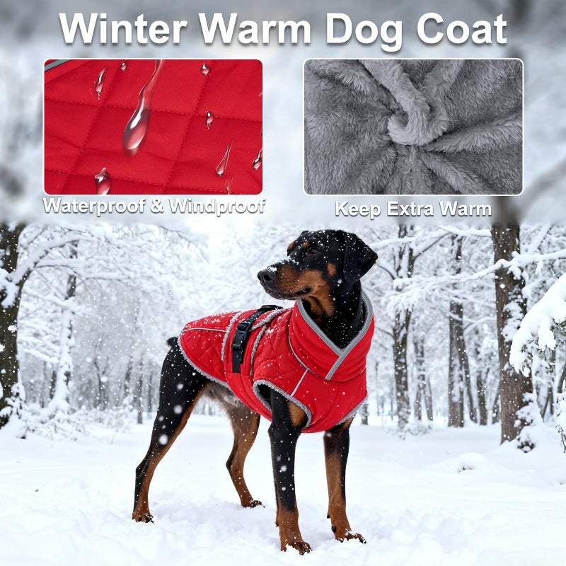 Yoochee Dog Coat, Warm Dog Winter Coat for Medium Dogs, Waterproof Jacket with Adjustable Buckle & Velcro, Reflective Turtleneck Cold Weather Coats, Pet Fleece Vest Snow Jacket (Red, L) - Image 2