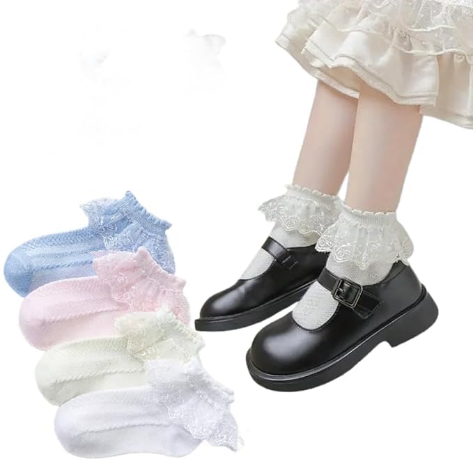 THE DDS STORE 3 Pair Toddler Girls Ruffle Socks Frilly Lace Socks Princess Dress Socks for Toddler Kids Girls White Color (IN, Age, 4 Years, 6 Years, White) - Image 1