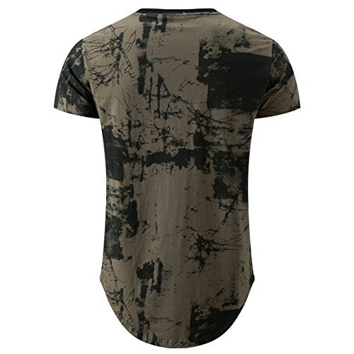 KLIEGOU Mens Hipster Hip Hop Ripped Round Hemline Pattern Print T Shirt 86 ArmyGreen XL - Image 2
